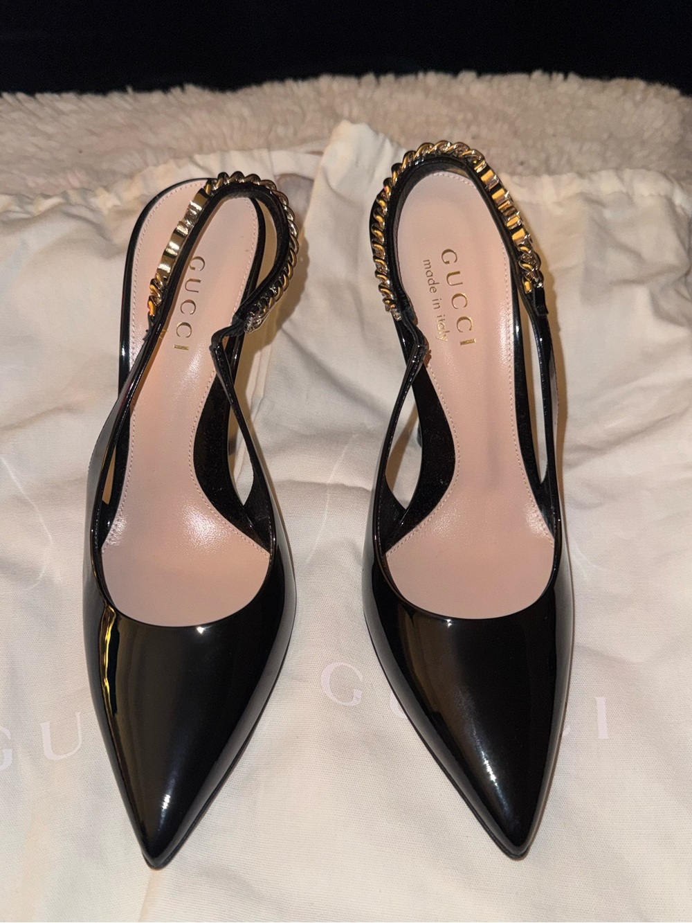 Gucci Signoria Slingback Formal Evening Pump Shiny Black Leather Women Size 5 US